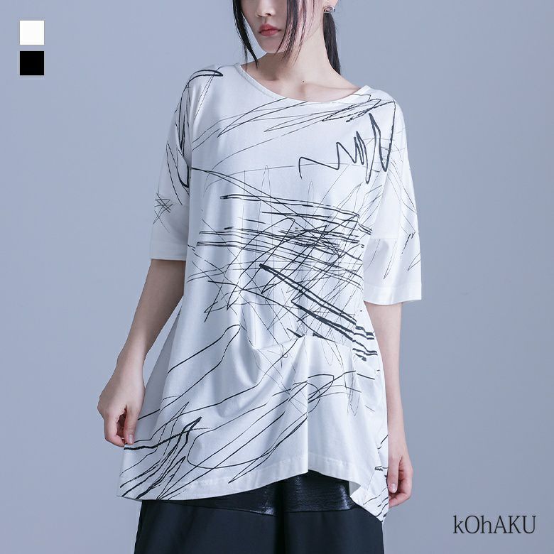 kOhAKU(コハク)アシンメトリー手書き風デザインTシャツ