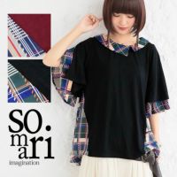 somari imaginationアシメ襟チェック柄フレアTシャツ