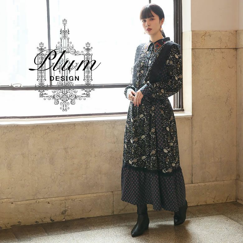 Plum Design刺繍襟ヴィンテージ柄切替ワンピース Plum Design刺繍襟ヴィンテージ柄切替ワンピース