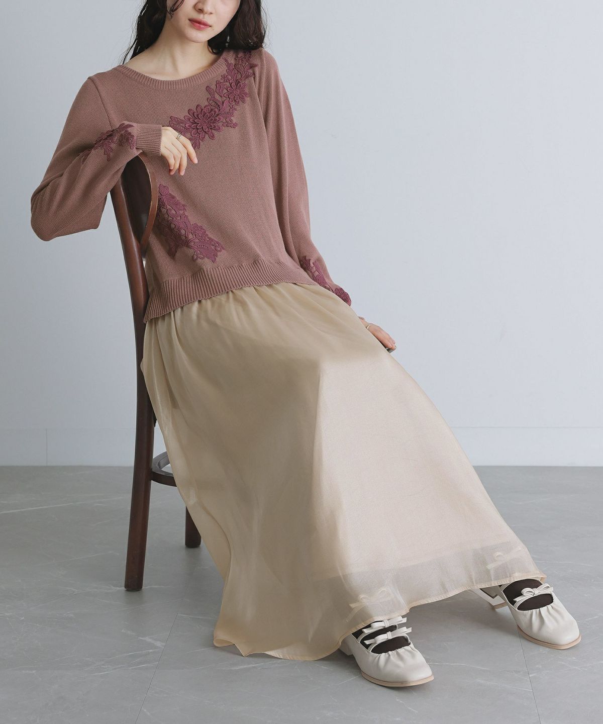 レースニット×シャイニーシアー切替ワンピース 1(M~L) スモーキーピンク レースニット×シャイニーシアー切替ワンピース 1(M~L) スモーキーピンク