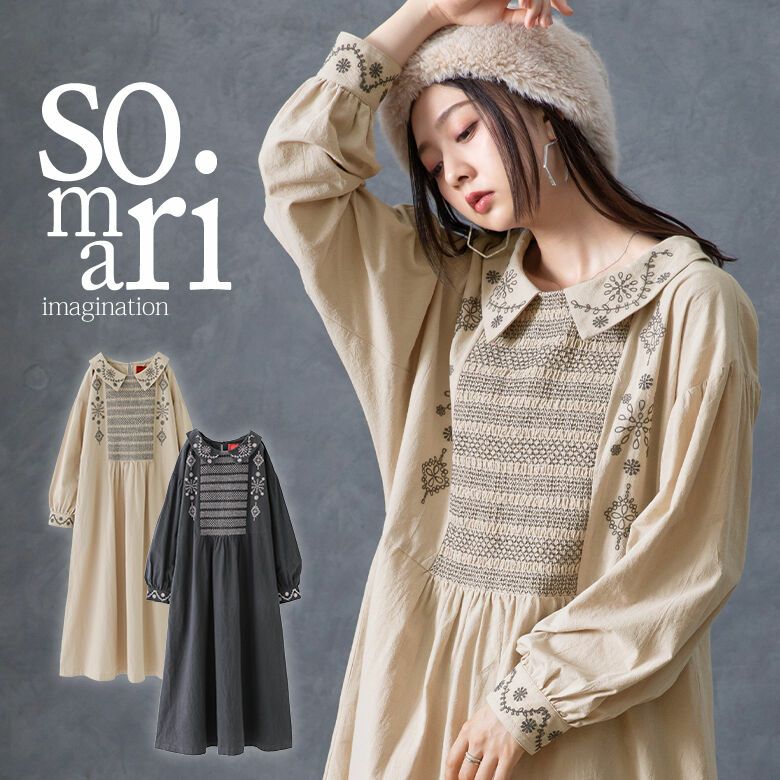 Somari Imaginationスモッキング刺繍ワンピース Somari Imaginationスモッキング刺繍ワンピース