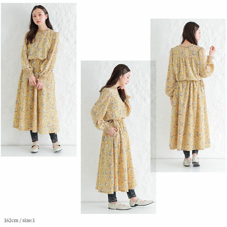 スタンド　フリルカラー　キラクララメ　レトロワンピース n'OrLABEL花柄スタンドフリルカラーワンピース』