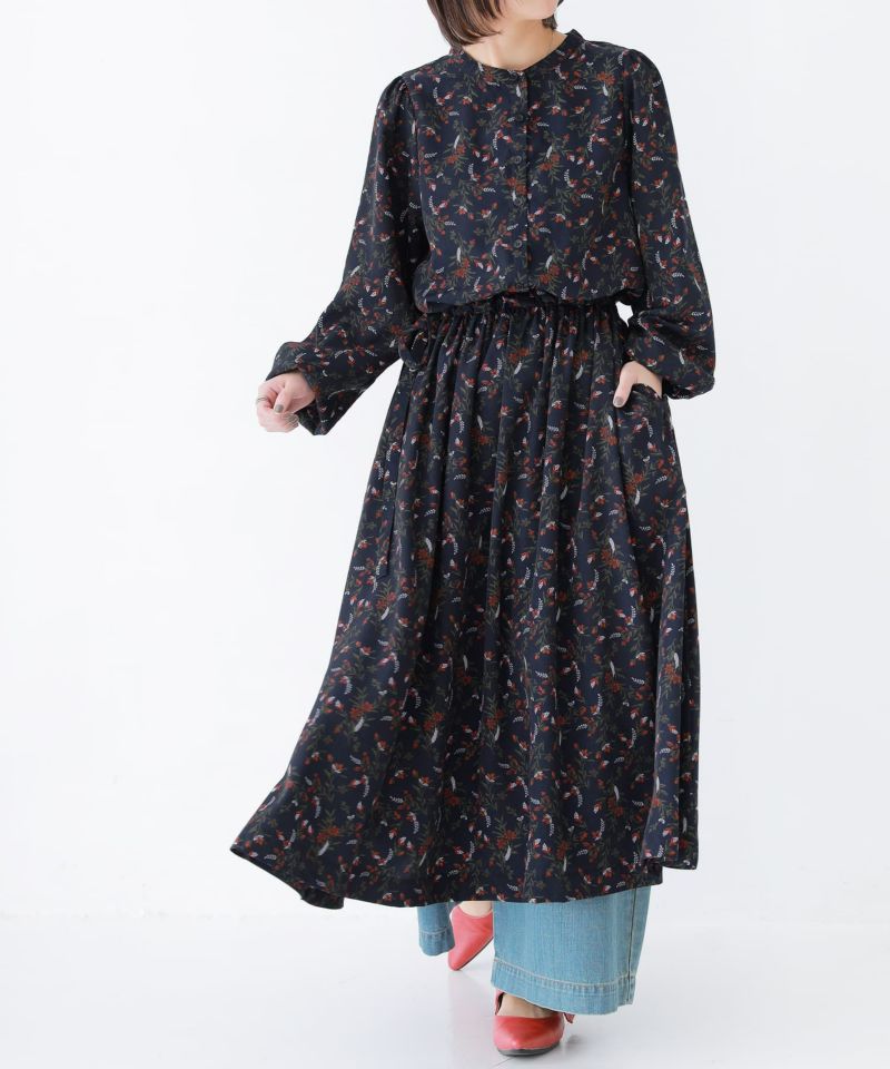 ROCHAS】dark-navy flowerレース シャツ ワンピース-