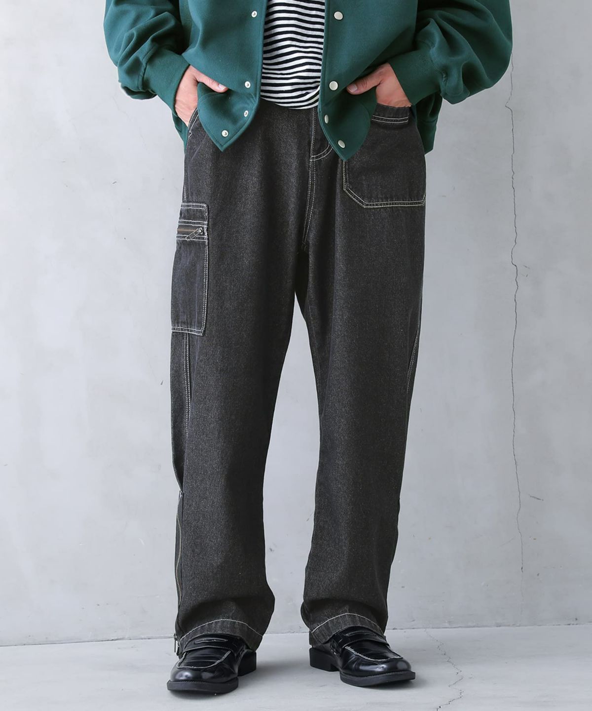 配色ステッチジッパーデザインデニム【20】【SALE】 M ブラックデニム 配色ステッチジッパーデザインデニム【20】【SALE】 M ブラックデニム