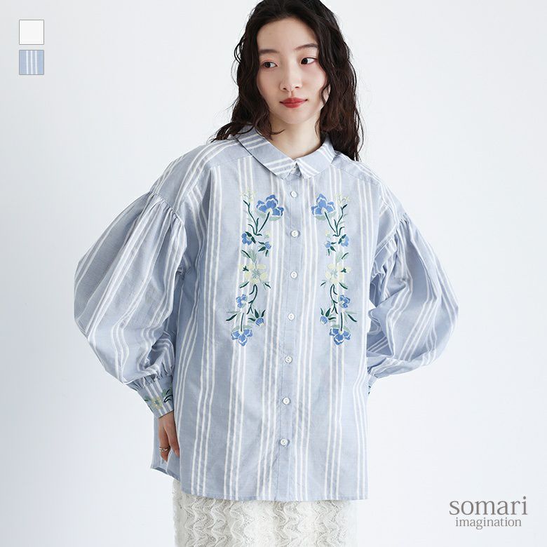 somari imagination(ソマリイマジネーション)花柄刺繍ボリューム袖シャツブラウス