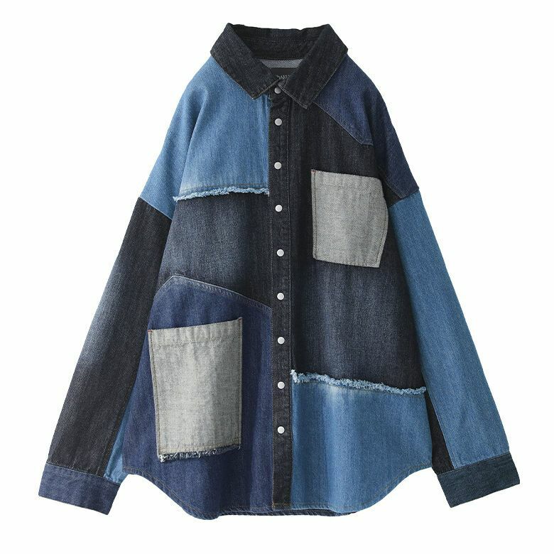パッチワークコットンデニムシャツ【20】 1(M~L) ブルーミックス パッチワークコットンデニムシャツ【20】 1(M~L) ブルーミックス