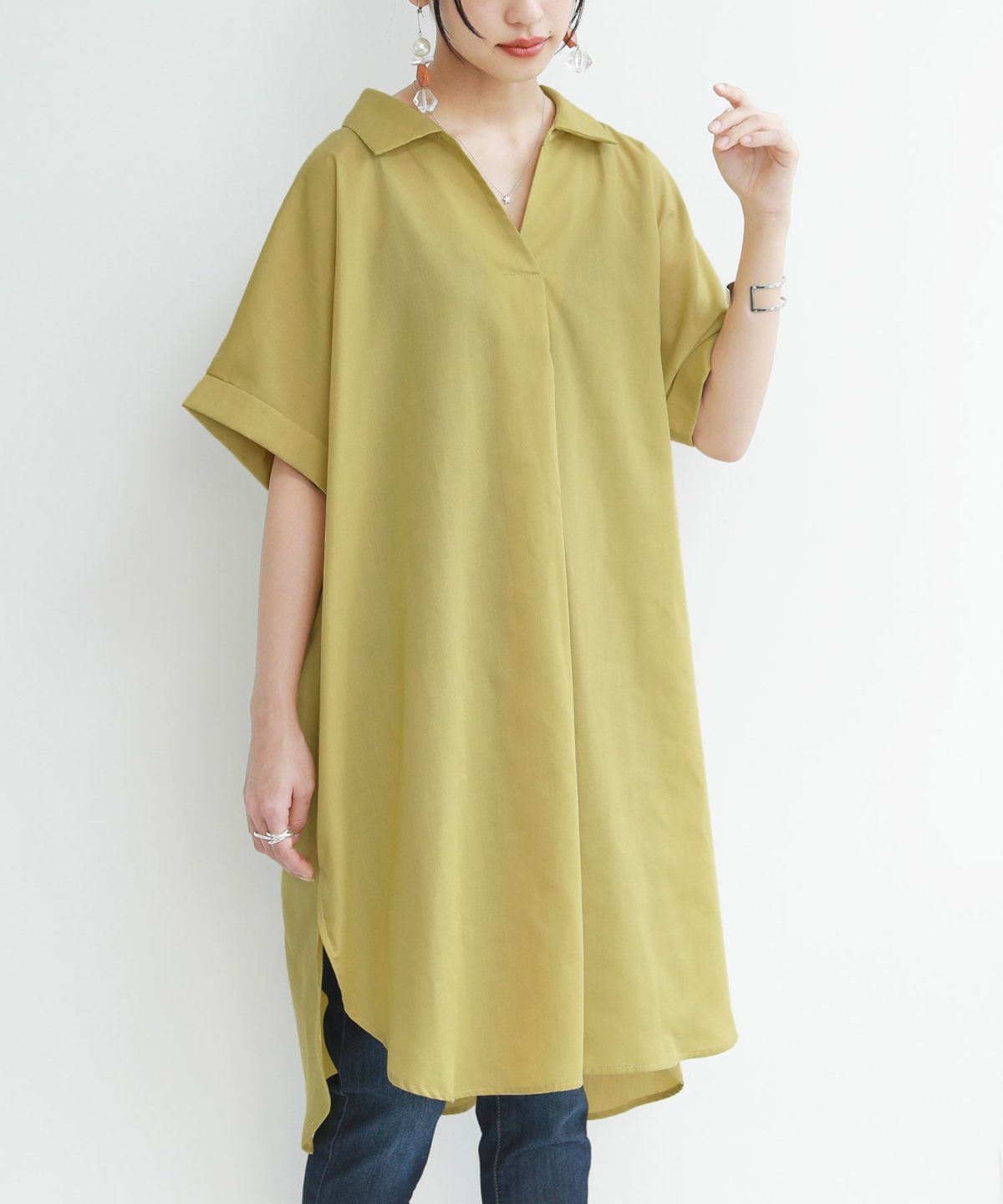 スキッパーチュニック丈シャツブラウス【5】 フリーサイズ サフラン スキッパーチュニック丈シャツブラウス【5】 フリーサイズ サフラン