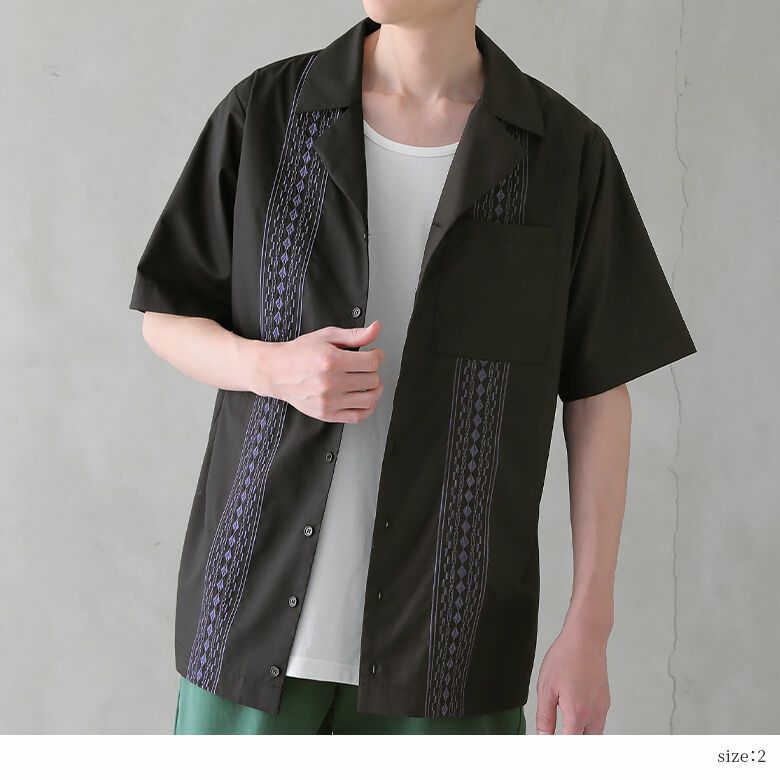 n'OrLABEL幾何学柄刺繍デザイン開襟シャツ』