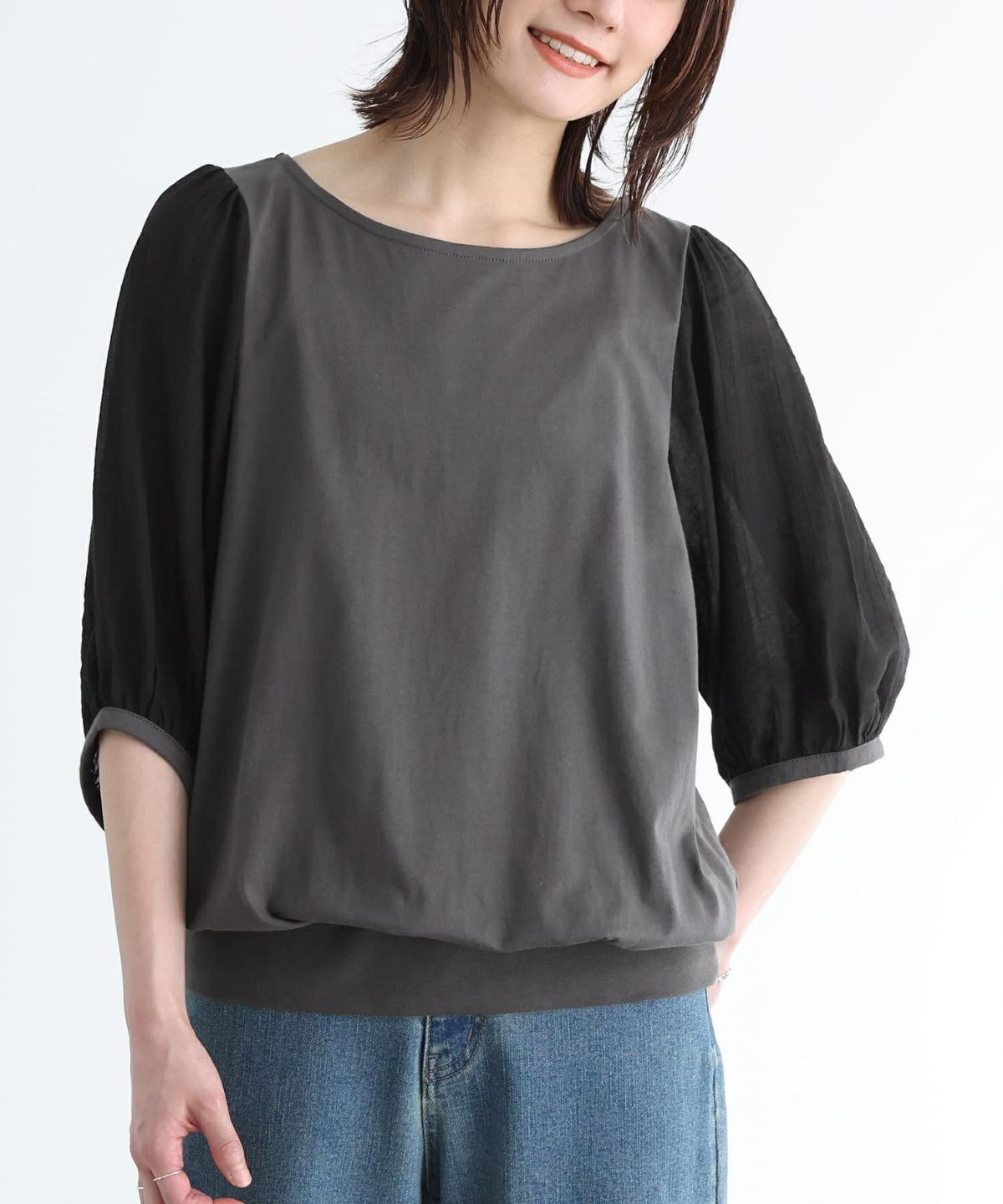 袖シアー異素材カットソー 1(M~L) チャコール 袖シアー異素材カットソー 1(M~L) チャコール