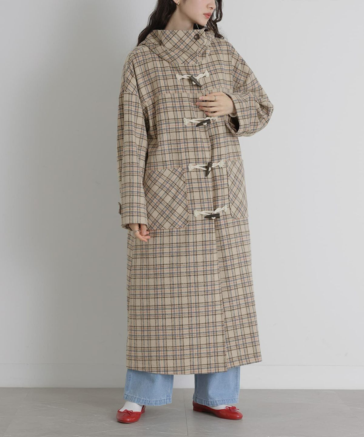 スタンドフードロングダッフルコート【60】【SALE】 1(M~L) ベージュチェック スタンドフードロングダッフルコート【60】【SALE】 1(M~L) ベージュチェック