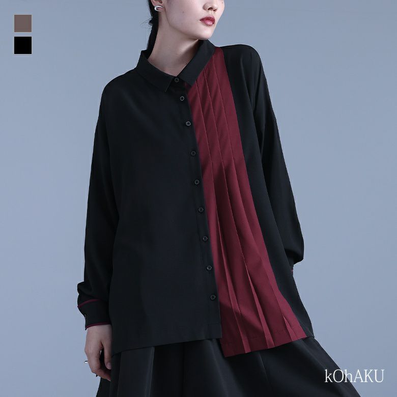 kOhAKU(コハク)配色切替プリーツデザインシャツ