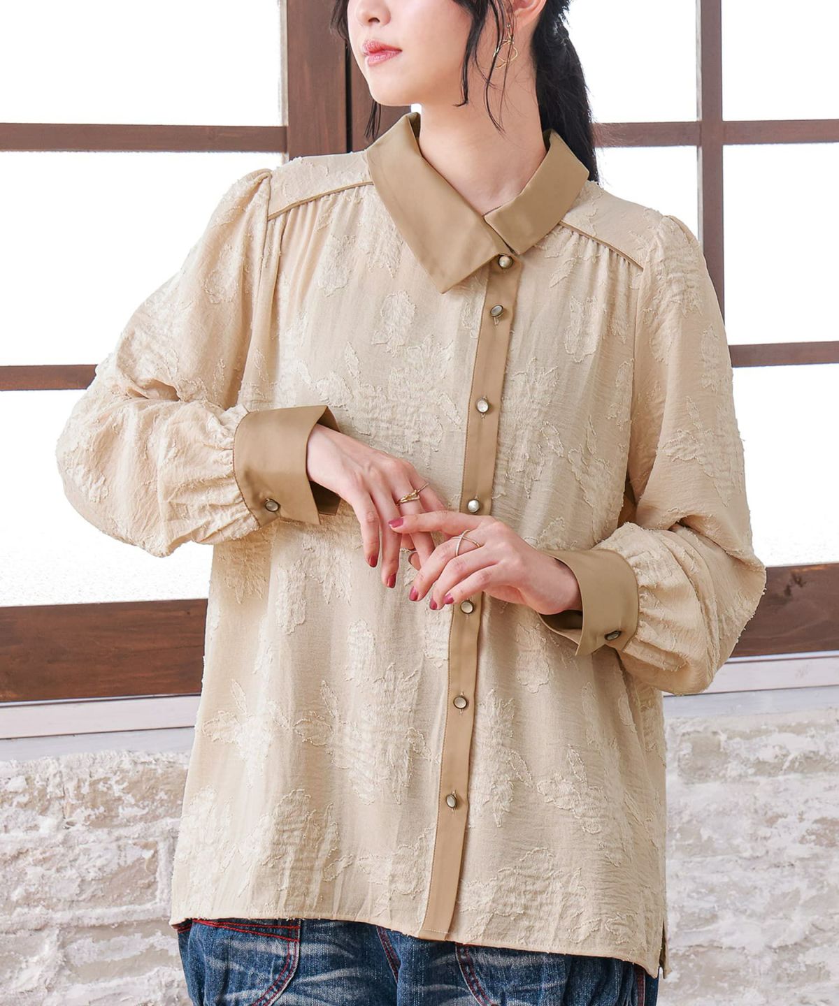 花柄カットジャカードアシメカラーブラウス 1(M~L) ライトベージュ 花柄カットジャカードアシメカラーブラウス 1(M~L) ライトベージュ