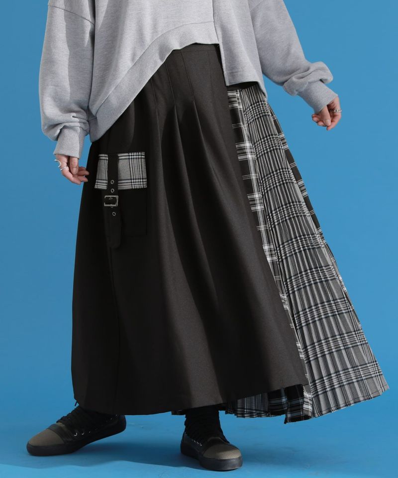 【0サイズ】未着用☆異素材ミックス ヘムライン チェックロングスカート
