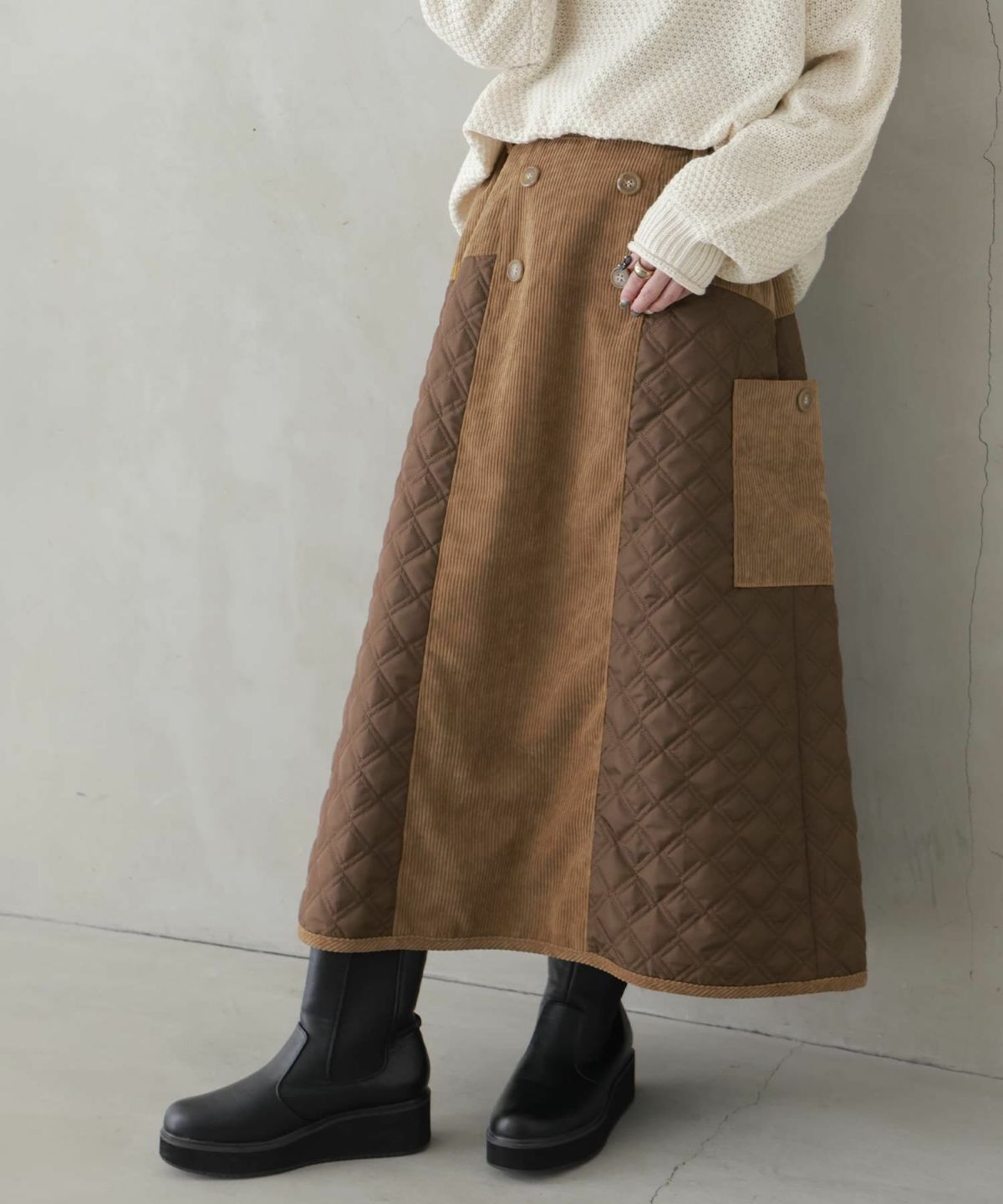 キルト×コーデュロイ切替スカート【20】 1(M~L) ブラウン キルト×コーデュロイ切替スカート【20】 1(M~L) ブラウン