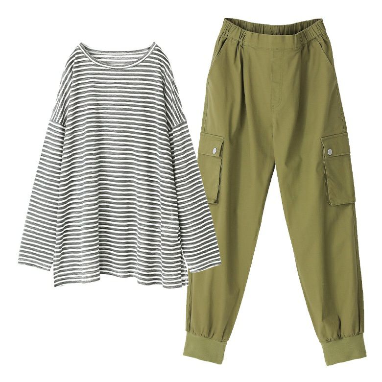 シアーボーダーカットソー×ストレッチジョガーパンツコーデ2点SET【15】 パンツ1(M~L) カットソー(Fサイズ) シアーボーダーカットソー×ストレッチジョガーパンツコーデ2点SET【15】 パンツ1(M~L) カットソー(Fサイズ)
