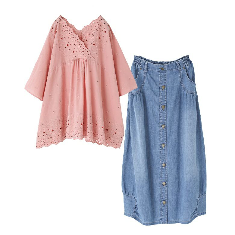 コットンレースブラウス×デニムコクーンスカートコーデ2点SET【25】 スカート1(M~L) ブラウス(F/コーラル) コットンレースブラウス×デニムコクーンスカートコーデ2点SET【25】 スカート1(M~L) ブラウス(F/コーラル)