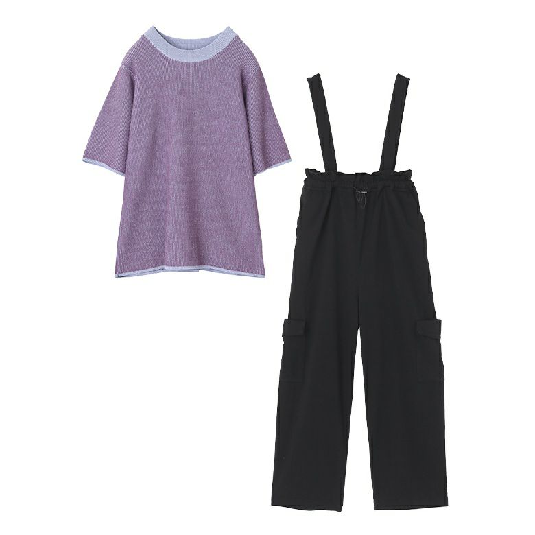 配色リバーシブルニット×ウエストドロストサロペットコーデ2点SET【40】 ニット1(M~L) サロペット1(M~L) 配色リバーシブルニット×ウエストドロストサロペットコーデ2点SET【40】 ニット1(M~L) サロペット1(M~L)