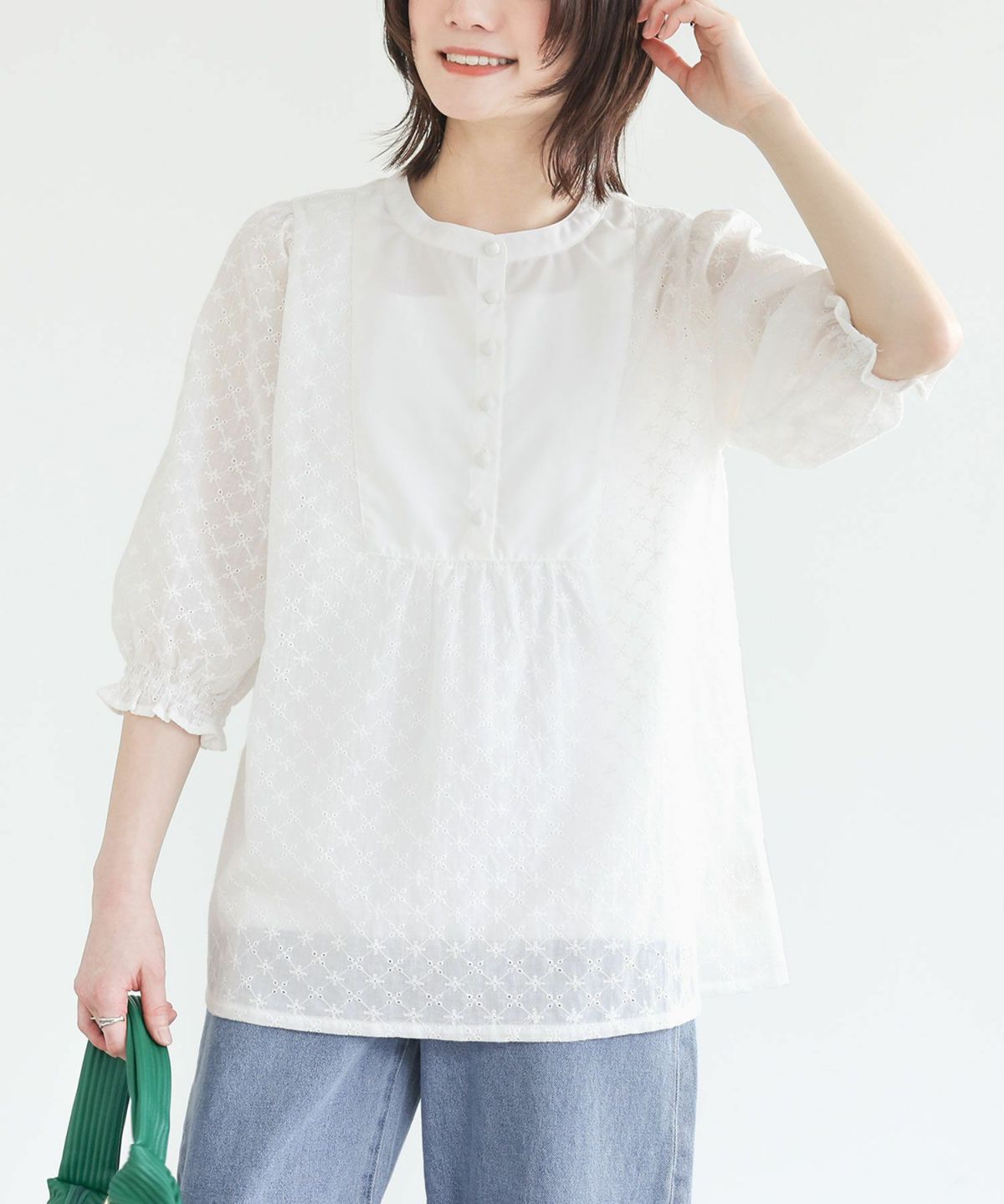 ボザム切替コットンレースブラウス【5】 1(M~L) オフホワイト ボザム切替コットンレースブラウス【5】 1(M~L) オフホワイト