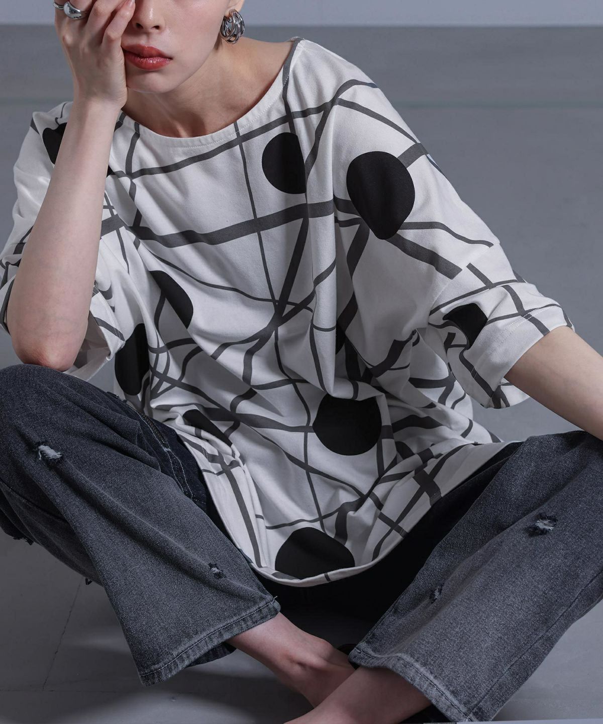 ランダムドット柄モードTシャツ フリーサイズ オフホワイト ランダムドット柄モードTシャツ フリーサイズ オフホワイト