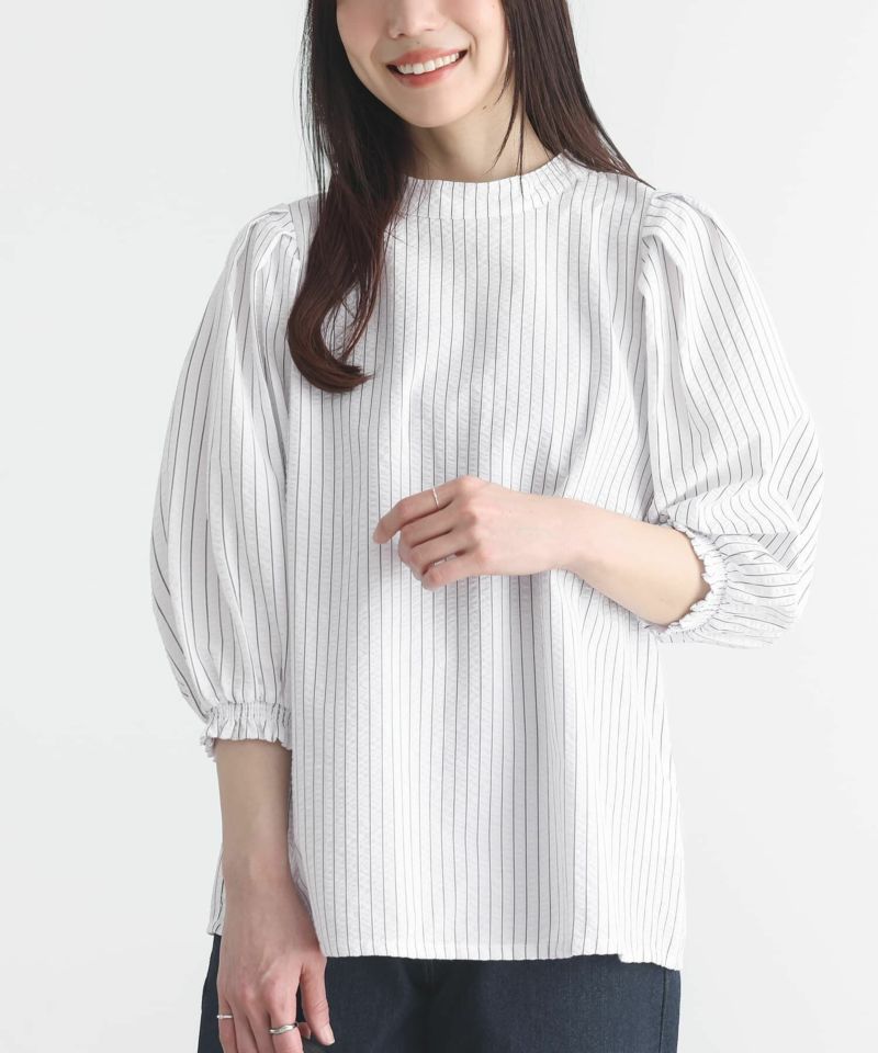 エンフォルド 19SS SOMELOSストライプ　フレアボリュームブラウス　変形 ASYMMETRY－BLOUSE（300HS430－0570