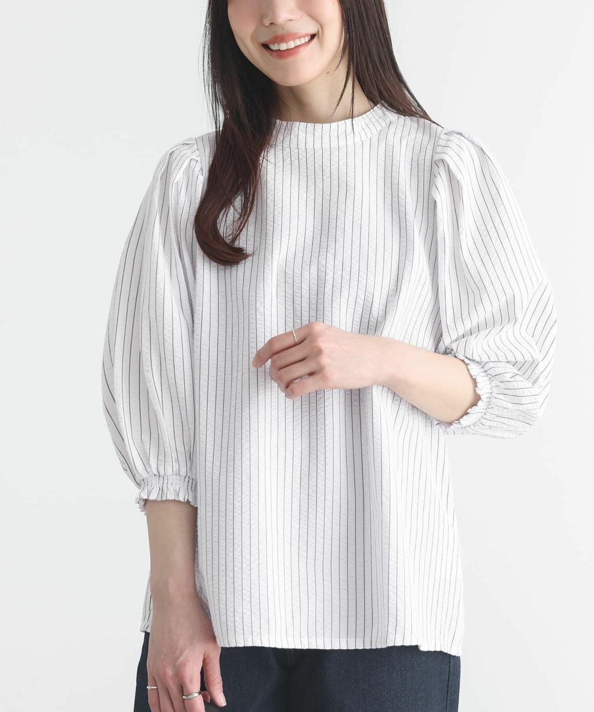 ストライプ柄ボリューム袖ブラウス【SALE】 2(LL~3L) オフホワイト ストライプ柄ボリューム袖ブラウス【SALE】 2(LL~3L) オフホワイト