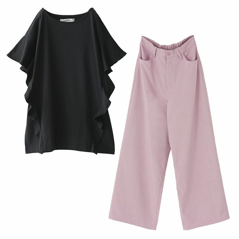 フリルTシャツ×接触冷感ワイドパンツコーデ2点SET【20】 Tシャツ1(M~L) パンツ1(M~L) フリルTシャツ×接触冷感ワイドパンツコーデ2点SET【20】 Tシャツ1(M~L) パンツ1(M~L)