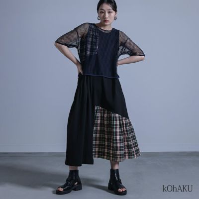 kOhAKU(コハク)メッシュTシャツ×チェック柄切替タンクワンピースセット