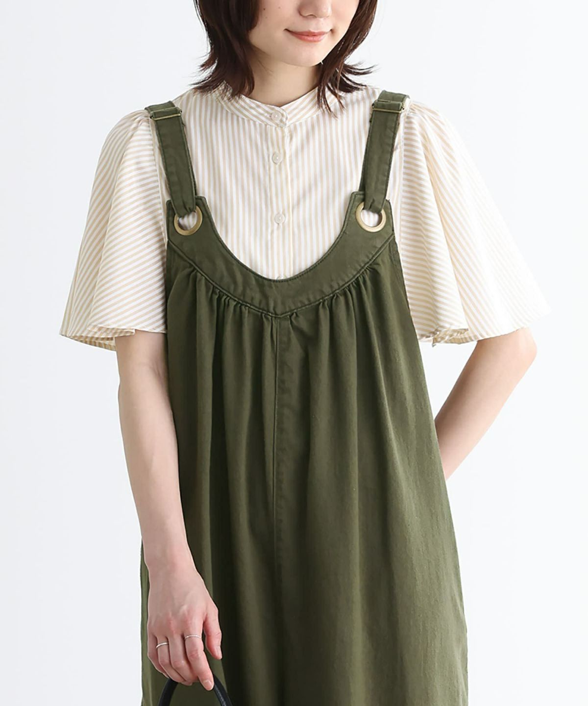 ストライプ柄フレアスリーブブラウス【5】 1(M~L) ベージュ ストライプ柄フレアスリーブブラウス【5】 1(M~L) ベージュ
