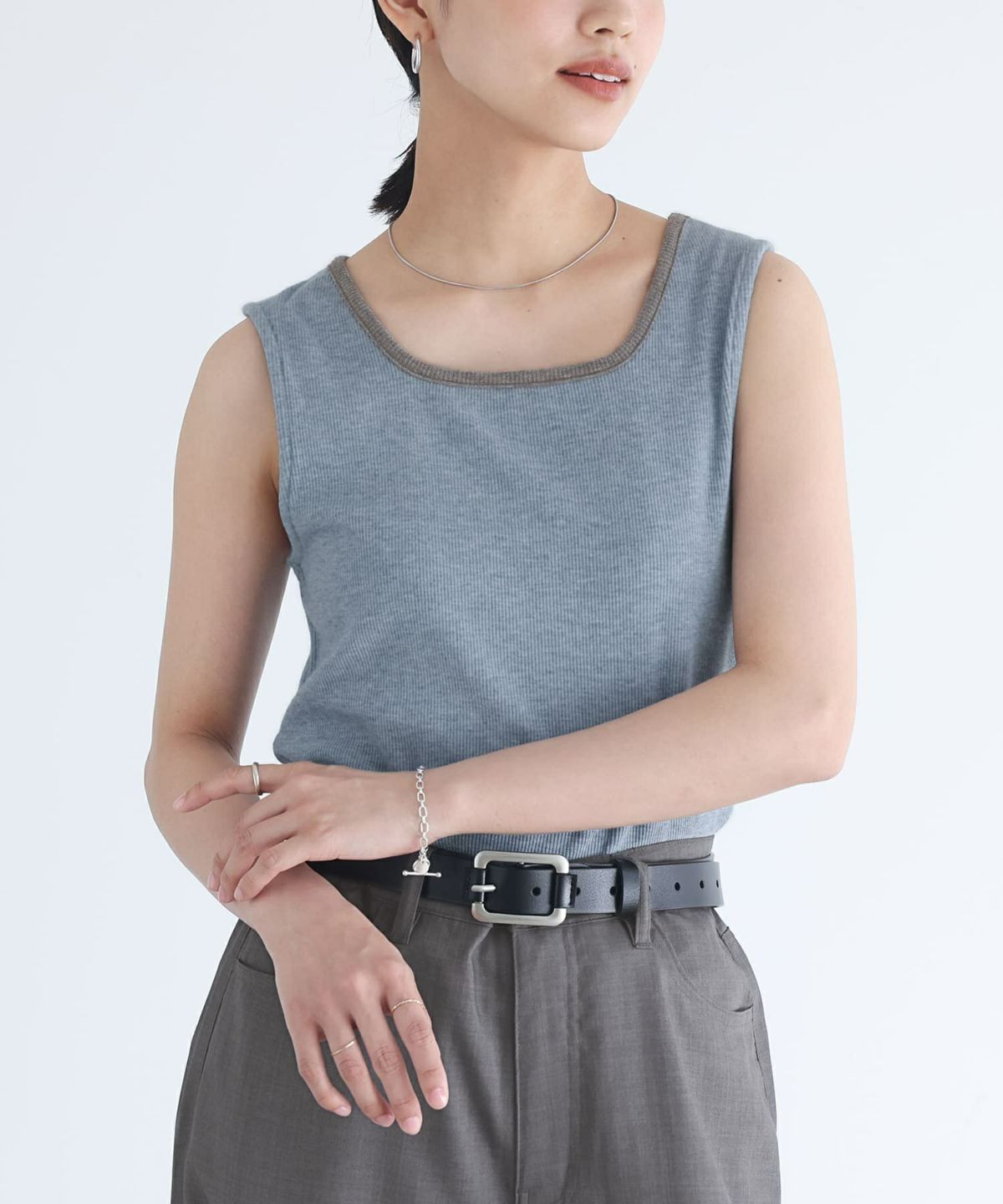 配色スクエアネックリブタンクトップ【5】【SALE】 1(M~L) グレイッシュブルー 配色スクエアネックリブタンクトップ【5】【SALE】 1(M~L) グレイッシュブルー