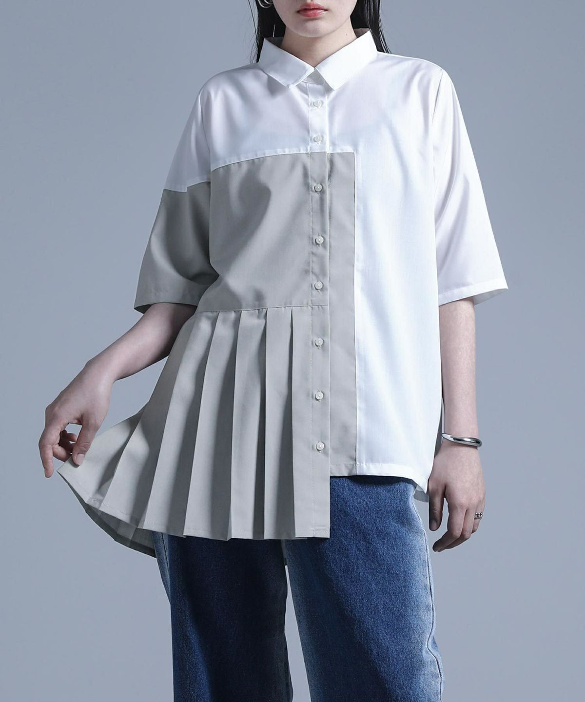 配色プリーツシャツ【5】 1(M~L) オフホワイト 配色プリーツシャツ【5】 1(M~L) オフホワイト