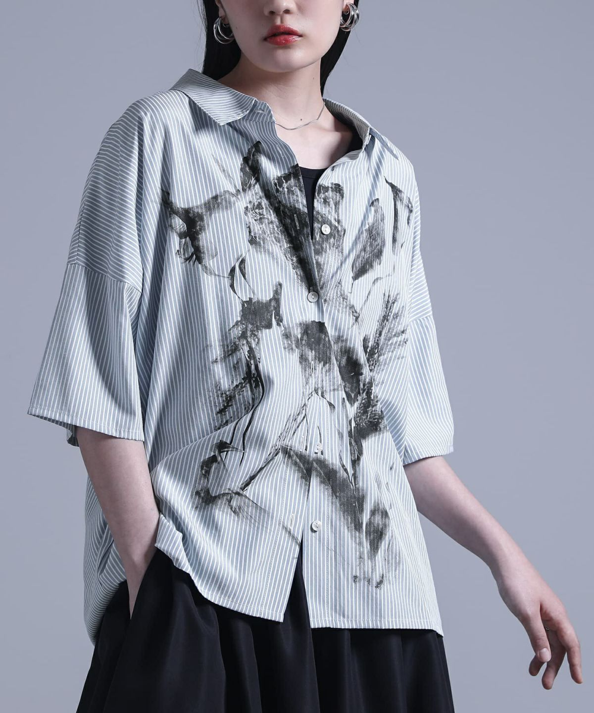 かすれプリントストライプ柄シャツ 1(M~L) ライトブルー かすれプリントストライプ柄シャツ 1(M~L) ライトブルー
