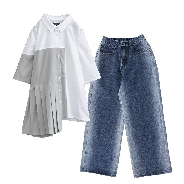 『配色プリーツシャツ×ブリーチラインデニムパンツコーデ2点SET』【メール便不可】【25】[2点コーデセット 2024 レディースシャツ トップス 半袖 デニム ボトムス パンツ ジーンズ] 配色プリーツシャツ×ブリーチラインデニムパンツコーデ2点SET』【返品