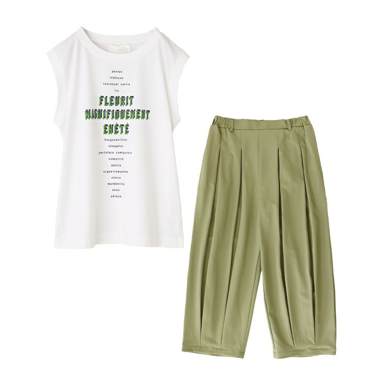 ロゴフレンチスリーブTシャツ×ボックスタックアンクル丈パンツコーデ2点SET【15】 Tシャツ1(M~L) パンツ(Fサイズ) ロゴフレンチスリーブTシャツ×ボックスタックアンクル丈パンツコーデ2点SET【15】 Tシャツ1(M~L) パンツ(Fサイズ)