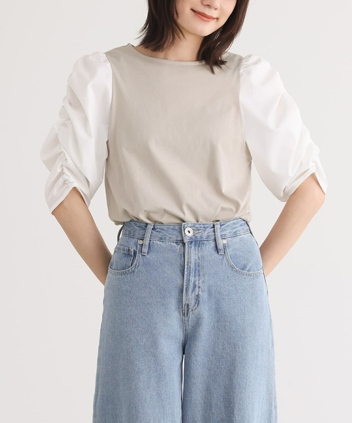 異素材シャーリングスリーブカットソー【SALE】 1 グレージュ 異素材シャーリングスリーブカットソー【SALE】 1 グレージュ