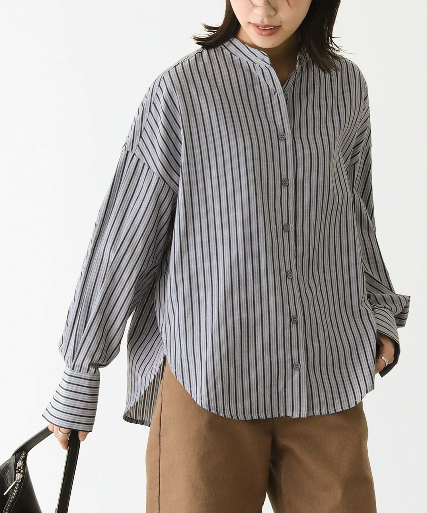 n'OrLABELバンドカラーストライプ柄シャツ』