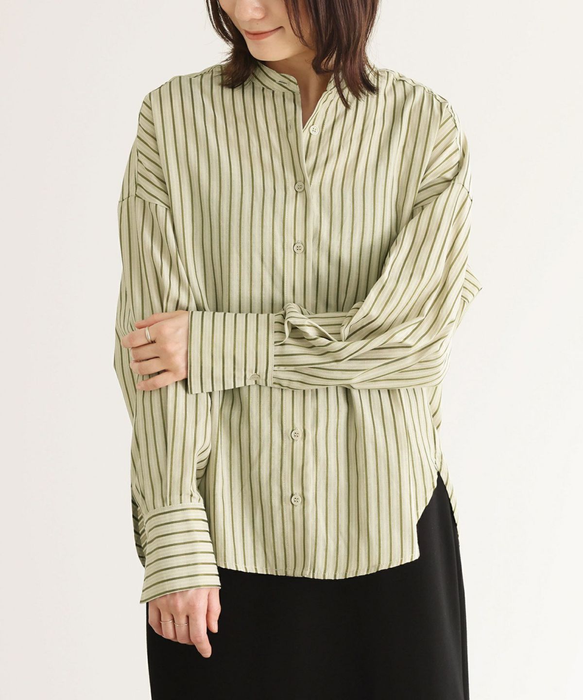 バンドカラーストライプ柄シャツ 1 グリーン バンドカラーストライプ柄シャツ 1 グリーン