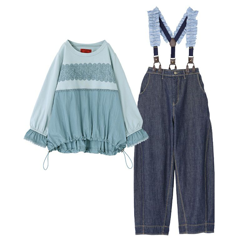 レースデザインドロストカットソー×フリルサスペンダー付きデニムコーデ2点SET【40】 カットソー(1) デニム2(LL~3L) レースデザインドロストカットソー×フリルサスペンダー付きデニムコーデ2点SET【40】 カットソー(1) デニム2(LL~3L)