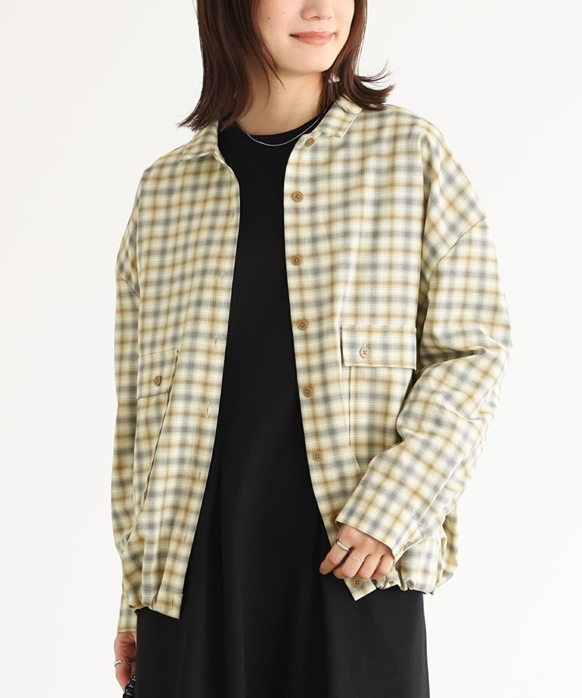 裾ドロストチェックシャツ【SALE】 フリーサイズ ベージュ 裾ドロストチェックシャツ【SALE】 フリーサイズ ベージュ