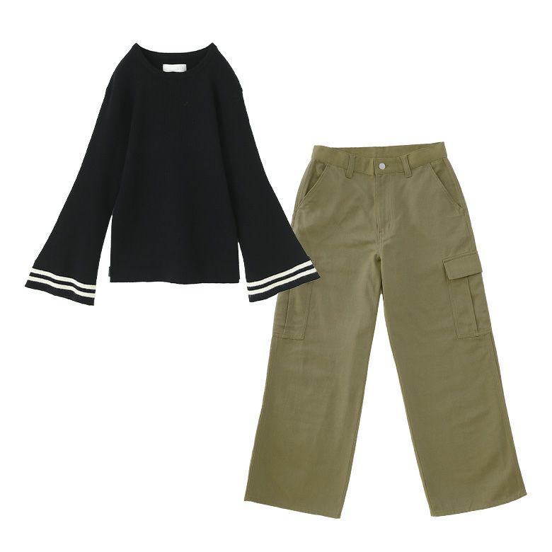フレアスリーブニット×ワイドカーゴパンツコーデ2点SET【40】 パンツ(S~M) ニット(S~M) フレアスリーブニット×ワイドカーゴパンツコーデ2点SET【40】 パンツ(S~M) ニット(S~M)
