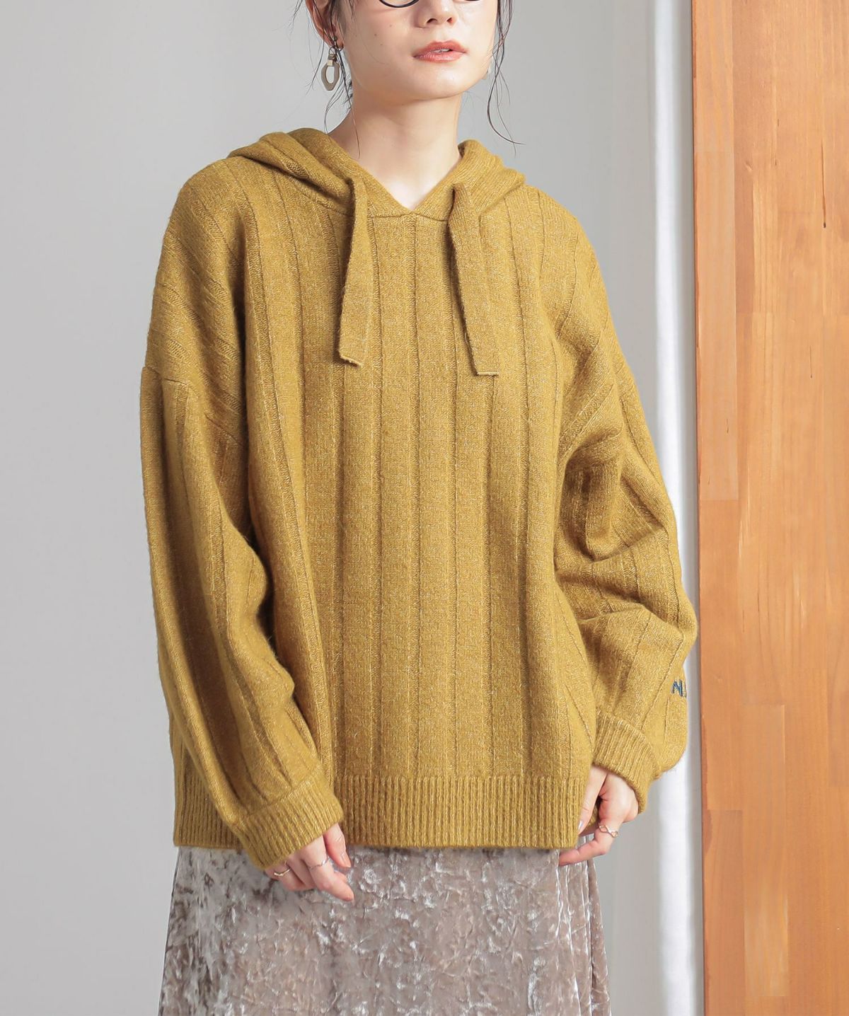 刺繍ロゴ入りワイドリブニットパーカー【40】 フリーサイズ マスタード 刺繍ロゴ入りワイドリブニットパーカー【40】 フリーサイズ マスタード