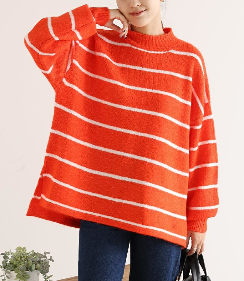 ボトルネックボーダーニットプルオーバー【40】【SALE】 M オレンジ ボトルネックボーダーニットプルオーバー【40】【SALE】 M オレンジ