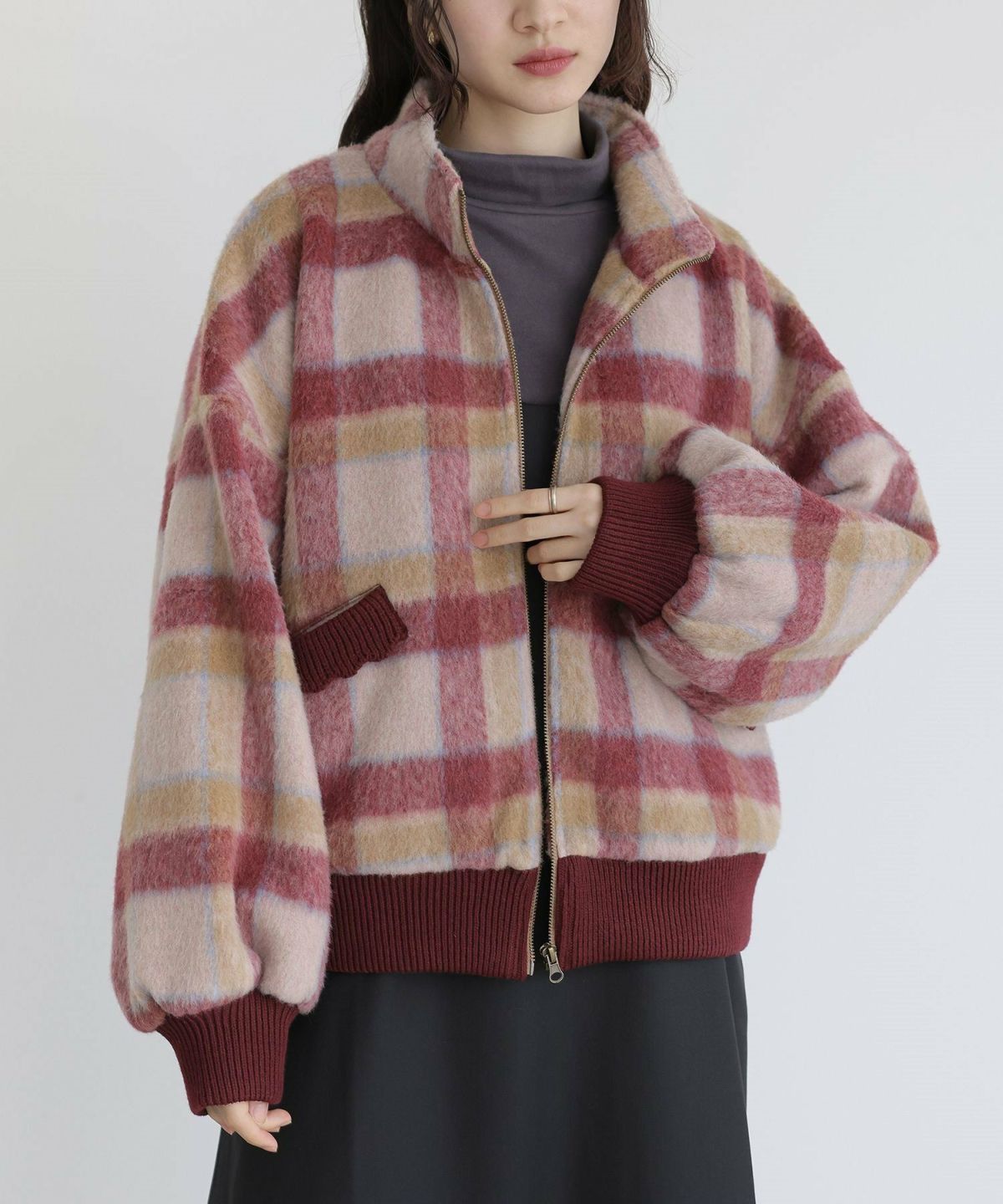 起毛チェック柄ショートコート【50】 フリーサイズ ボルドー 起毛チェック柄ショートコート【50】 フリーサイズ ボルドー