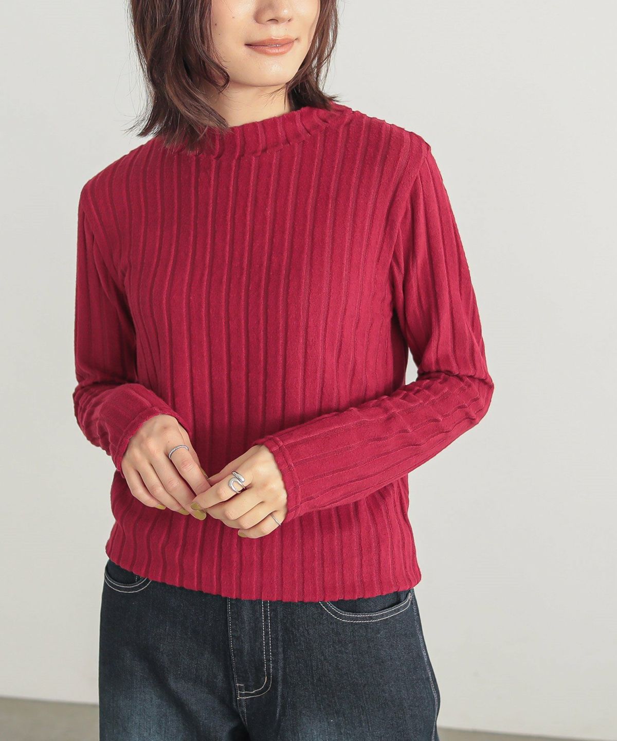 起毛リブハイネックカットソー S~M レッド 起毛リブハイネックカットソー S~M レッド