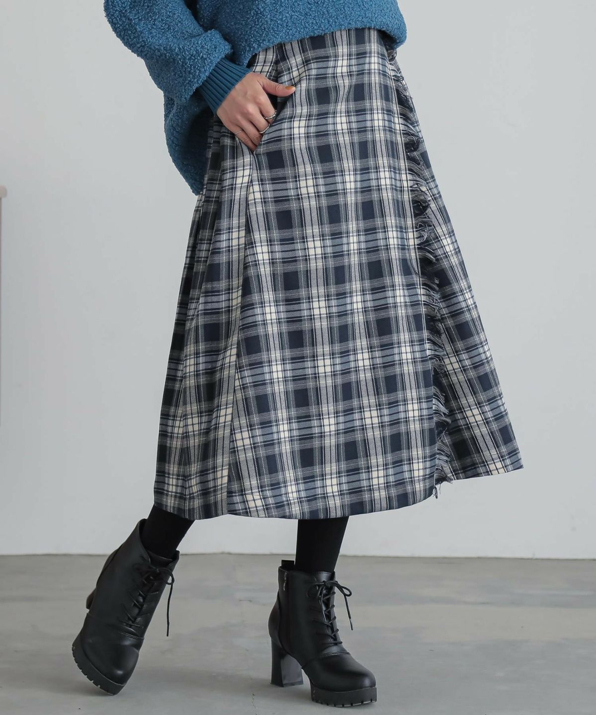 フリンジチェックプリーツスカート フリーサイズ ネイビー フリンジチェックプリーツスカート フリーサイズ ネイビー