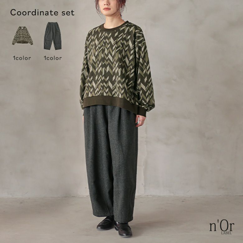 【送料無料】『幾何学柄ジャカードカットソー×ツイードバレルタックパンツコーデ2点SET』【メール便不可】【40】[2点コーデセット 2024 レディース トップス カットソー ジャカード バレルパンツ ボトムス ロング丈] 幾何学柄ジャカードカットソー×ツイードバレルタックパンツコーデ2点SET』
