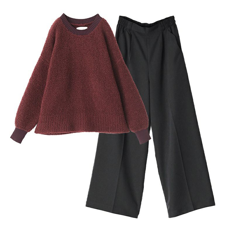 タックワイドスラックス×配色ブークレニットプルオーバーコーデ2点SET【50】 スラックス(1) ニット(Fサイズ) タックワイドスラックス×配色ブークレニットプルオーバーコーデ2点SET【50】 スラックス(1) ニット(Fサイズ)