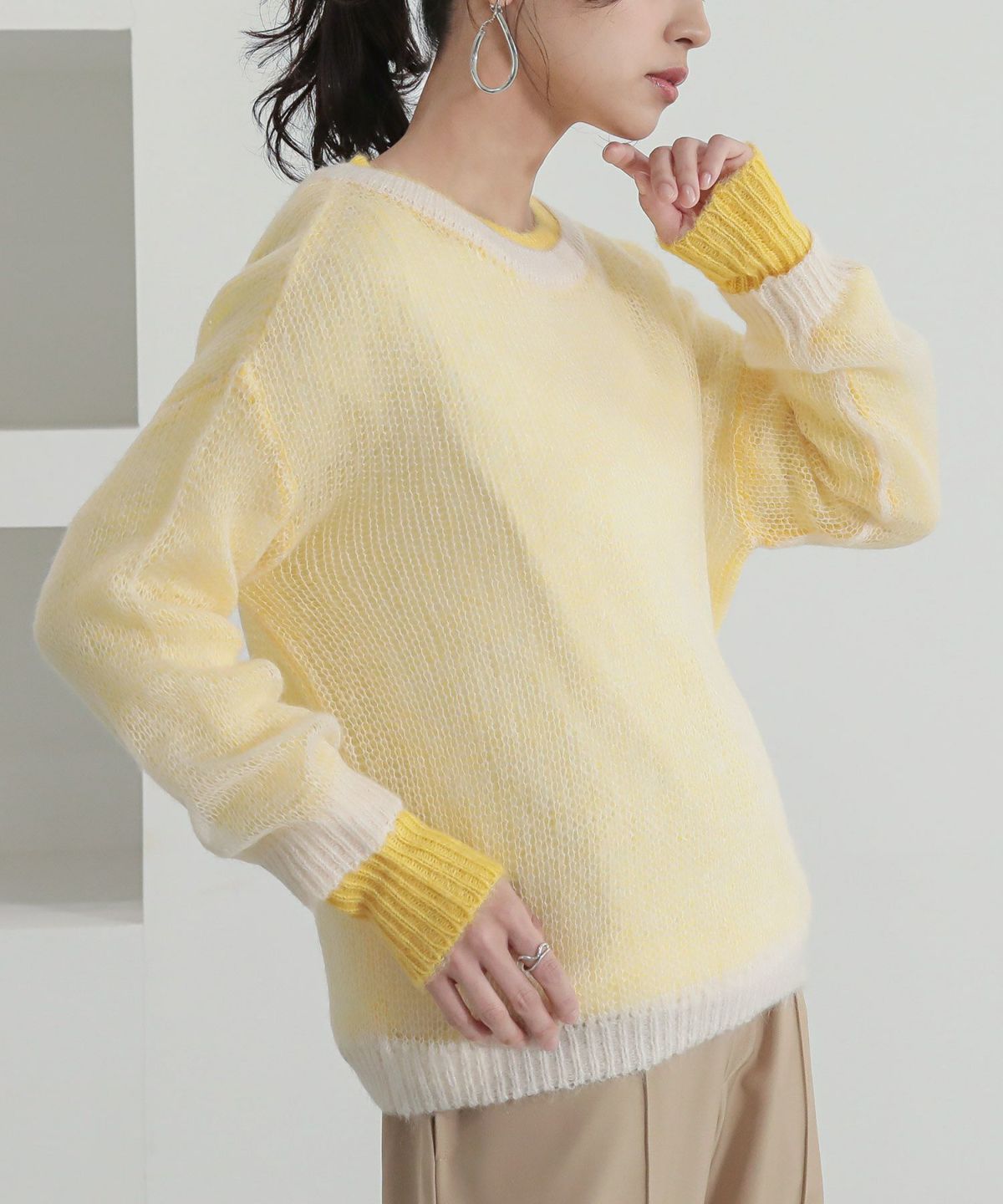 配色レイヤードモヘヤタッチニット 1 イエロー 配色レイヤードモヘヤタッチニット 1 イエロー