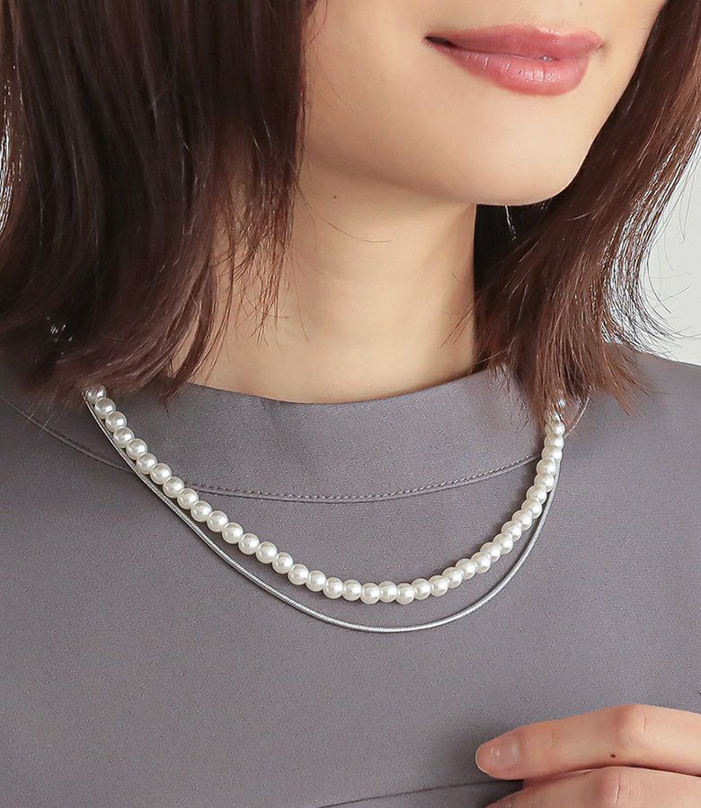 2連デザインフェイクパールネックレス【5】 - シルバー 2連デザインフェイクパールネックレス【5】 - シルバー