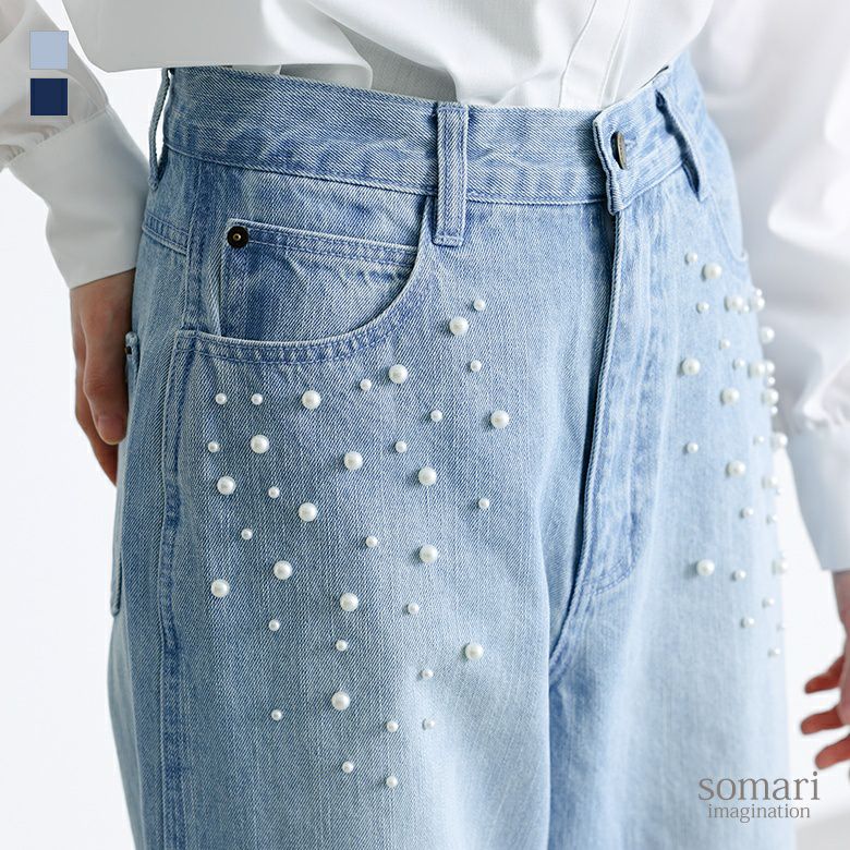 somari imagination(ソマリイマジネーション)フェイクパール付きストレートデニム