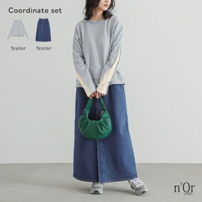 【送料無料】『袖ストライプ切替スウェット×ストレッチデニムナロースカートコーデ2点SET』【メール便不可】【30】[2点コーデセット 2025 レディース スウェット トップス スカート ボトムス デニムスカート ロング] 袖ストライプ切替スウェット×ストレッチデニムナロースカートコーデ2点